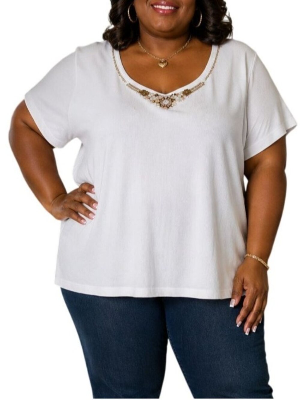 John Paul Richard Plus Size 2X Top Beaded Neckline Short Sleeve White Cotton